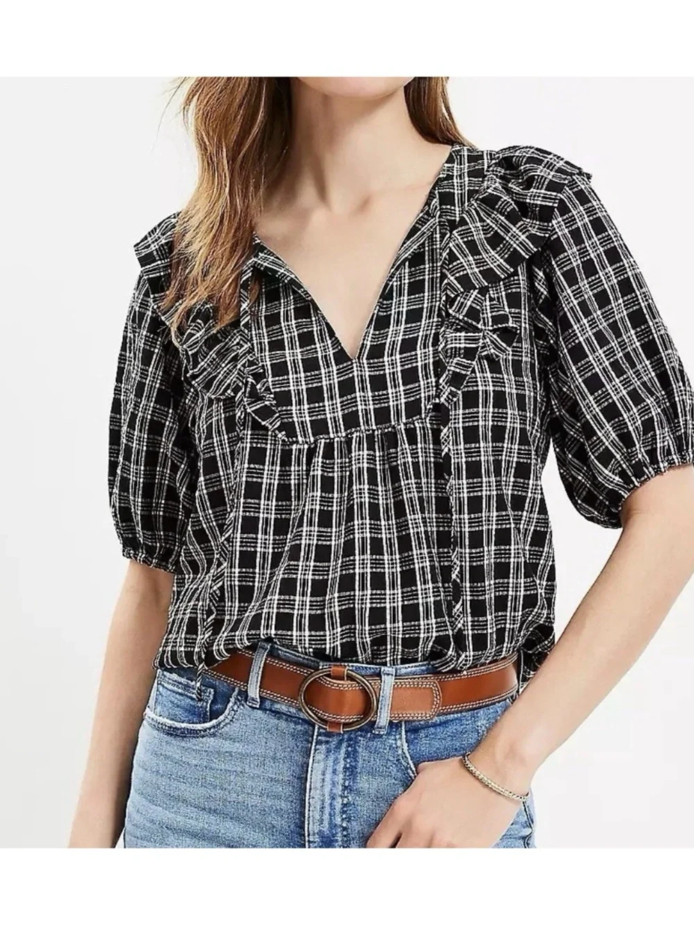LOFT | windowpane pattern puff sleeve ruffle top